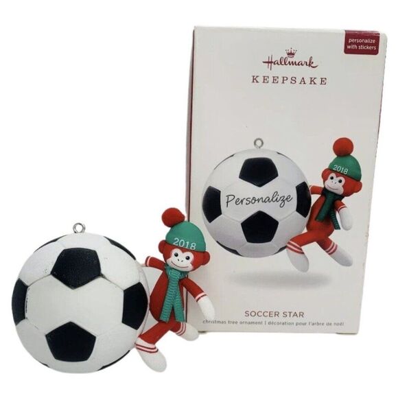 Hallmark Soccer Ornament Star Personalize Keepsake  2018 Sock Monkey Ball - Picture 2 of 7